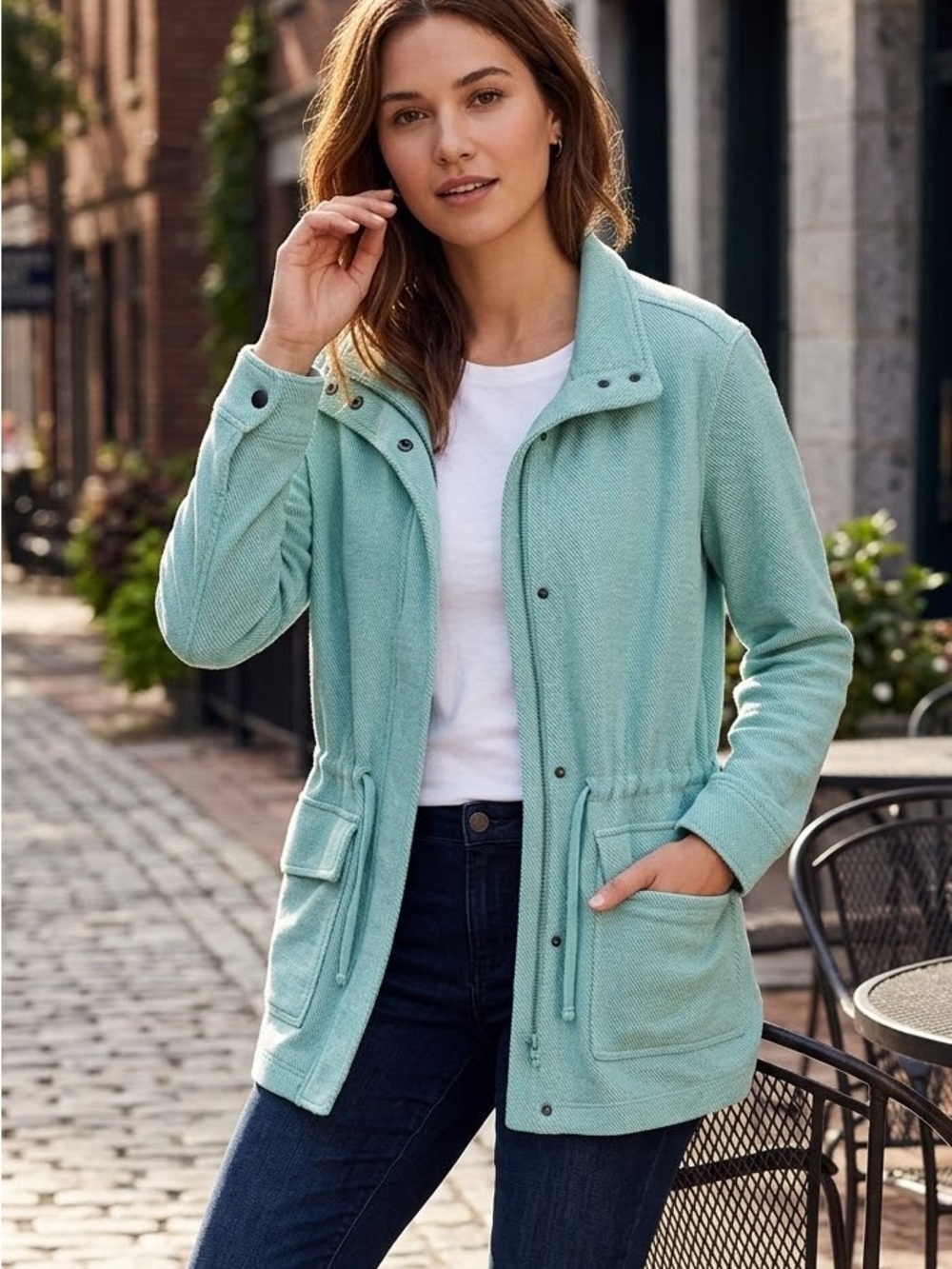 Lands’ End Teal Aqua Knit Snap Front Lightweight Jacket Size 1X